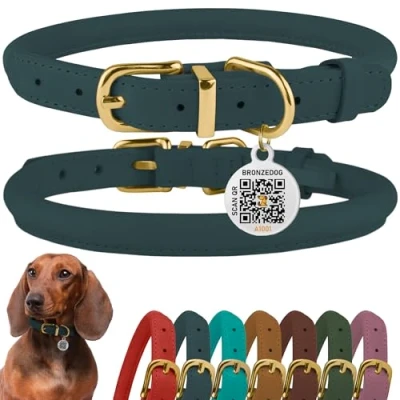 Image de BRONZEDOG Collier pour Chien en Cuir roulé avec Plaque d&#039;identification QR Durable Rond et personnalisé Chiens de Petite, Moyenne Grande Taille 38,1 à 43,2 cm Denim