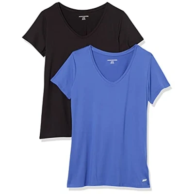 Image de Amazon Essentials T shirt Tech à manches courtes et col en V, extensible (disponible grande taille) Femme, Lot de 2, Bleu Vif/Noir, XXL