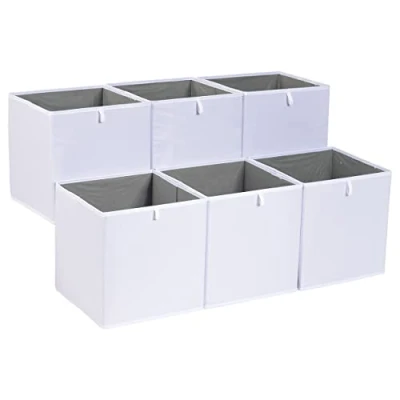 Image de Amazon Basics Lot de 6 cubes rangement pliables, en tissu, blanc, 26,7 x 28 cm