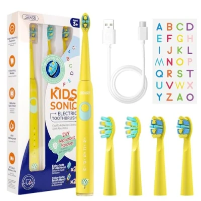 Image de Seago brosse à dents électrique rechargeable pour enfants, enfant avec autocollants DIY drôles, minuterie de 2 minutes, 4 têtes SG2303(jaune）