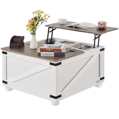 Image de VEVOR Table Basse, 800 mm, de Salon carrée à Plateau relevable charnière avec Compartiment Rangement, Cocktail Rustique en Bois pour Chambre, Appartement, Studio, Gris et Blanc