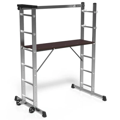 Image de VOUNOT Échafaudage Aluminium 3 En 1 Échelle Stable Multifonction avec Plateforme de Travail : 120 x 40cm Charge Max 150KG 6 Postions Mobile sur Roues Support à Outils