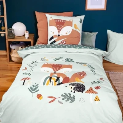 Image de CÔTE DECO Parure de lit 140x200 cm Enfant réversible Housse Couette + 1 Taie d&#039;oreiller 63x63 Motif imprimé Renard Vert Set en 100% Coton