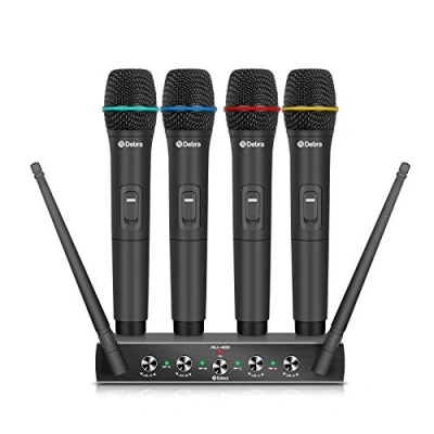Image de Debra Audio Pro Système de Microphone sans Fil UHF 4 canaux avec micros Casque Cravate à Main Fil, récepteur en métal, idéal pour Les fêtes d&#039;église karaoké (avec Ordinateurs Poche (A))