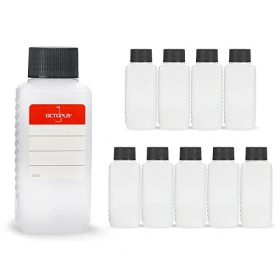 Image de Octopus bouteilles en plastique 10 x 100 ml, PE HD avec bouchon à vis de noire, vides bouchons carrées. Dix étiquettes incluses.