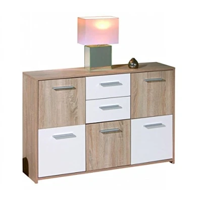 Image de Inter Link Commode Buffet 5 portes et 2 tiroirs coloris Revêtement mélaminé Décor chêne Sonoma blanc LxPxH : 115x30x77 cm Elvezia