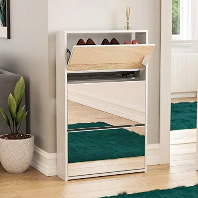 Image de Vida Designs Welham tiroirs avec Miroir, Armoire, Meuble de Rangement pour Chaussures, Buffet en Bois, Blanc, d&#039;ingénierie, 3 Drawer