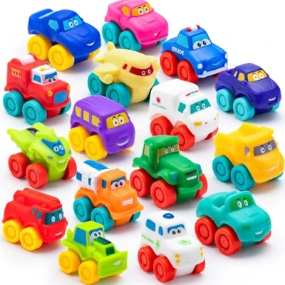 Image de JOYIN 16 pièces Voitures de Dessin animé, Voiture Jouet en Caoutchouc Souple, Mini véhicules Jouets, Bain pour Les Tout Petits, Cadeau garçons et Filles, Anniversaire Noël