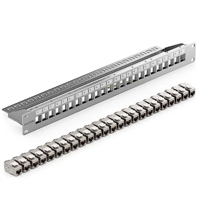 Image de deleyCON SET 24 Ports CAT7 Panneau de Brassage Distribution Modulaire 1 U Installation en Rack 19&quot; + 24x Modules Keystone CAT 7 Réseau LAN RJ45 10 Gbit/s 600 MHz Câble D&#039;installation Gris