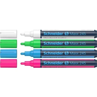 Image de Schneider Maxx 245 Lot de 4 marqueurs pour surfaces en verre effaçables à sec Blanc Vert Bleu Rose