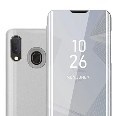 Image de cadorabo Coque Compatible avec Samsung Galaxy A20e en Agate Argent Miroir Clear View Pochette de Protection Fonction Support à 360 Degrés Style Livre Ultra Slim Case