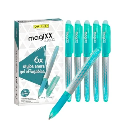 Image de Online 6x stylo roller effaçable, encre gel turquoise magiXX Classic, ergonomique avec partie soft grip, rechargeable, ideal pour enfants et l&#039;école, pointe moyenne