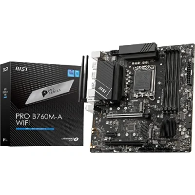 Image de MSI PRO B760M A WIFI Carte Mère, Micro ATX Pour Processeurs Intel Core 14e, 13e &amp; 12e Génération, LGA 1700 DDR5 Memory Boost 6800+MHz/OC, Slots PCIe 4.0 x16, M.2 Gen4, Wi Fi 6E