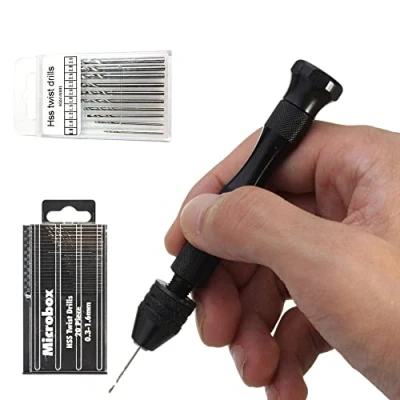 Image de DXIA 31Pcs Mini Perceuse à Main, Twist Drill Bits, Main de Precision Mandrin et 30 Forets Hélicoïdaux 0.3 3.0mm, pour DIY Bois Argile Résine Moulage Fabrication Pendentif Bijoux
