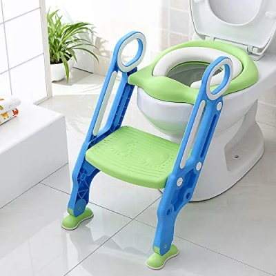 Image de Réducteur Toilette Enfant avec Marche, Pot WC Bebe, Coussin Doux, Siege Reducteur pour Bébé Pliable, adapté aux Toilettes en Forme de V, U, O (Bleu Vert)