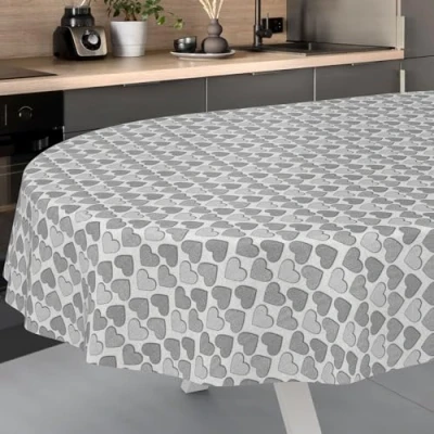 Image de ANRO Nappe en Toile cirée, Lavable, pour Table de Jardin, extérieur, intérieur, Ovale, Bord coupé, Motif cœur Gris, 220 x 140 cm
