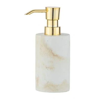 Image de WENKO Distributeur de Savon Odos, doseur Rechargeable pour Le Liquide, en polyrésine Robuste à l&#039;aspect marbre, 7 x 18 10 cm, capacité 290 ML, Blanc/Or