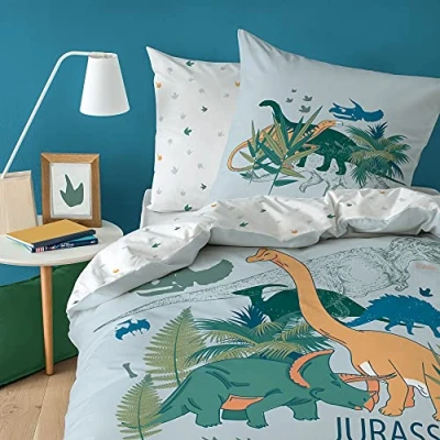 Image de MATT &amp; ROSE Parure de Lit Garçon 140x200 cm Dino Jungle 100% Coton Oeko TEX Housse Couette Enfant + 1 Taie d&#039;oreiller 63x63 Imprimées Réversibles Blanc, Gris Clair