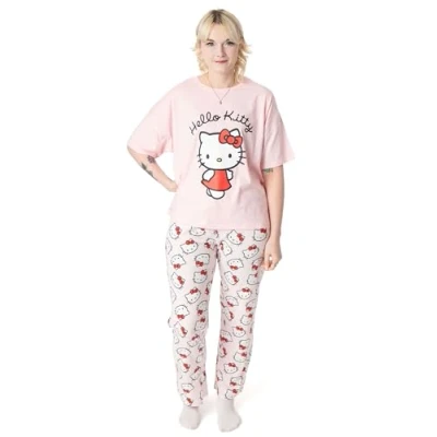 Image de Hello Kitty Ensemble Pyjama pour Femme Adultes White Graphic Haut à Manches Courtes et Bas de Jambe Longue en Rose Vêtements Nuit imprimés avec Personnage
