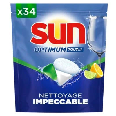 Image de SUN Optimum Pastilles Lave Vaisselle Tout en 1 34 capsules Citron nettoyage impeccable brillance éclatante tablettes avec action dégraissante
