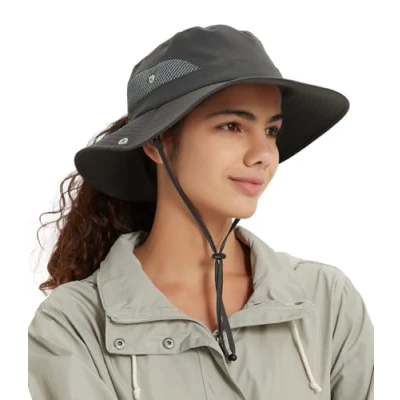 Image de Hat Hut Chapeau de Soleil Femme Imperméable Doublé Satin, Protection UV, Queue Cheval, Plage à Large Bord pour la Randonnée, Pêche (FR/ES, Alpha/lettres, Taille unique, Gris Foncé)
