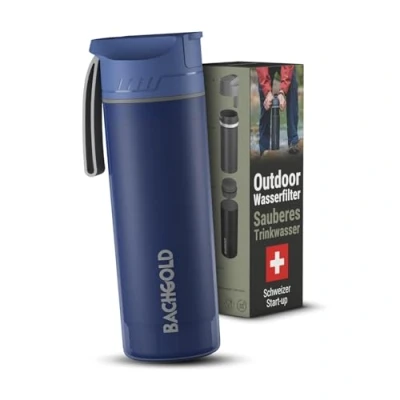 Image de Bachgold® gourde filtrante eau non potable [650 ml] avec une capacité de filtration 1500 L I élimine 99,99% des bactéries, virus, particules et métaux lourds, eau, Bleu