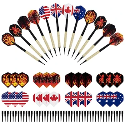 Image de MoonSing Flechette Pointe Plastique, Set de 12 Fléchettes à Souple avec 8 Style 24 Ailettes Drapeau et 46 Plastic Pointes pour Cible Electronique (14g)