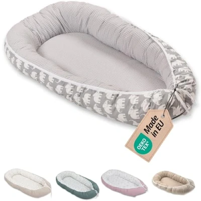 Image de Cocon bébé ULLENBOOM ® Eléphant gris (55 x 95 cm nid de bébé, en coton, utilisable comme coussin pour motif : étoiles, pois)
