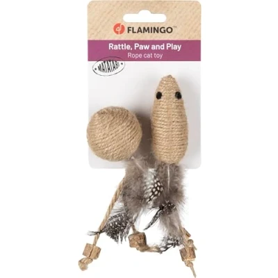 Image de Flamingo Jouet pour Chat Yutsa Balle Souris Brun 13x3x3cm avec Bruit de cliquetis et Plumes Exerce Un Effet apaisant