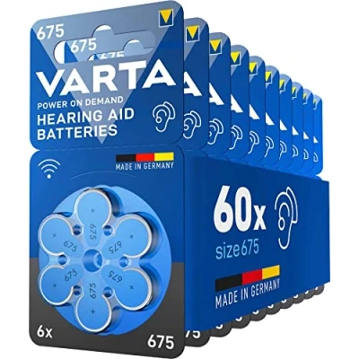 Image de VARTA Piles auditives type 675, bleu, lot de 60, Power on Demand batteries pour Amplificateur Appareil Auditif, Aide Auditive, Made in Germany [Exclusif sur Amazon]