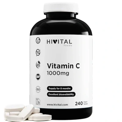 Image de Vitamine C 1000 mg 240 comprimés végétaliens (8 mois de traitement) Antioxydant qui réduit la fatigue, protège les cellules du stress oxydatif et améliore le système immunitaire