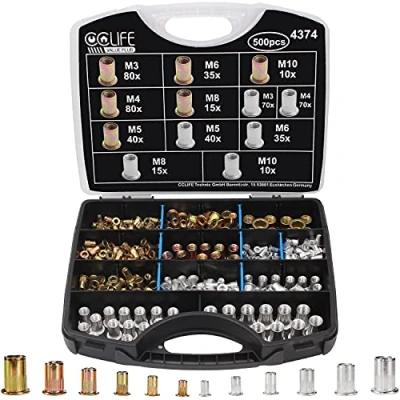 Image de CCLIFE 500 Pièces Jeu de Écrou Rivet，écrous filetés à tête plate en Acier au Carbone et Plaqué Zinc，insert ecrou a sertir M3 M4 M5 M6 M8 M10