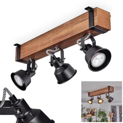 Image de hofstein plafonnier Safari, moderne en métal/bois noir/marron foncé, design industriel avec abat jour ajustable, 3 flammes, x GU10 sans ampoules