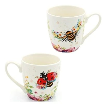 Image de Dekohelden24 Lot de 2 tasses à café en porcelaine Motif abeille et coccinelle Dimensions (H x Ø: 10 9 cm, capacité 400 ml, passe au lave vaisselle