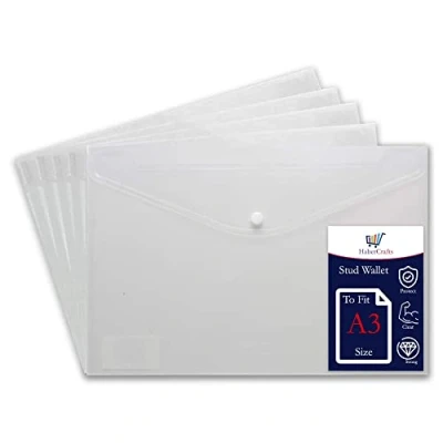 Image de Pochettes en plastique transparent A3 avec bouton pression pour documents scolaires de transport Dossier bureau Fermeture à (pour s&#039;adapter au format 5