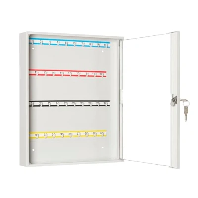 Image de LEOMAR Armoire à Clés, Boîte avec 40 Crochets, Placard Clés en Tôle d&#039;acier Portes Vitrées, Barres Crochets Fixes, pour Fixation Murale, Verrouillable, 6 x 35 42 cm