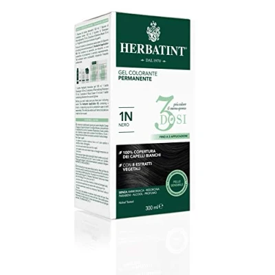 Image de Herbatint Gel colorant permanent 3doses, 300 ml 1 N noir, sans ammoniaque, pour peaux sensibles, 100% couverture cheveux blancs, avec 8 extraits naturels bio
