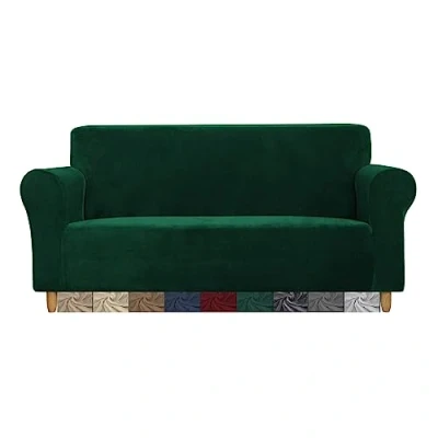 Image de CMAKER Housse de canapé en velours extensible 2 places avec base élastique antidérapante protection pour meubles animaux domestiques (2 places, vert foncé)