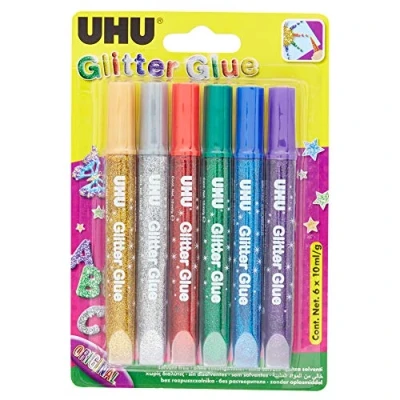 Image de UHU Glitter Glue originale Idéale loisir créatif, formule adaptée pour les enfants, lavable, multicolore, 6 tubes 10ml