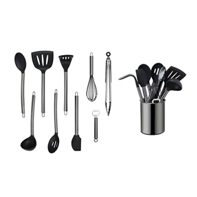 Image de ECHTWERK Ustensiles de cuisine, Set d&#039;ustensiles cuisine 10 pièces, Couverts avec manche en acier inoxydable, porte ustensiles, Antiadhésif silicone Aides ménagères, Edition Argent