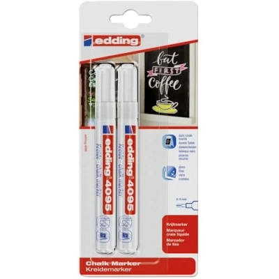 Image de edding 4095 Marqueur craie liquide blanc 2 feutres pointe ronde 3 mm feutre effacable pour écrire sur les vitres,le verre ardoise aux couleurs opaques