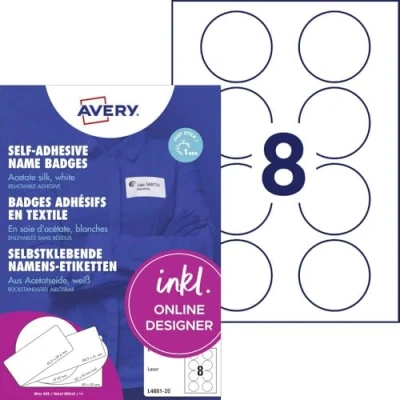 Image de AVERY Zweckform L4881 20 Lot de 160 étiquettes nominatives Ø 65 mm sur DIN A4 autocollantes pour textiles imprimables en soie d&#039;acétate, détachables sans laisser résidus, rondes, laser, feuilles Blanc