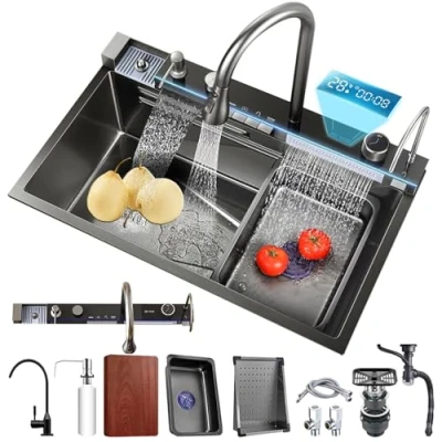 Image de MIMRTIMI Évier de Cuisine avec Robinet Intégré Evier 1 Bac Noir Cascade Raindance en Acier Inoxydable 304 Divers Accessoires (BLACK, 75 * 46CM)