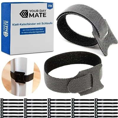 Image de Sangle scratch Réutilisable avec Boucle pour Organiser les Câbles, 25 Pièces, l 15 x 1,2 cm, Noir, Matériau nylon Haute Qualité, Bande Solide, de Serrage Refermable, Sangles câbles