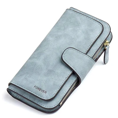 Image de Portefeuille Femme Grande Capacite PU Cuir Porte Monnaie Elégant avec 16 Cartes y Compris 2 fenêtre d&#039;identification, Zippé pour (Bleu)