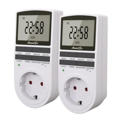 Image de Awootsv minuterie numérique avec Affichage LCD 24 Heures/Semaine Plug intérieur dans électrique pour lumière et appareils ménagers (Lot de 2)