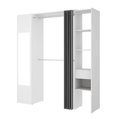 Image de Kit dressing avec rideau MARQUE colonne 1 porte miroir et tiroir blanc 177.4x52x205 cm