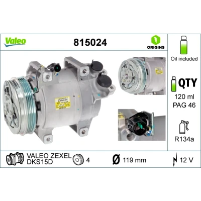 Image de VALEO 815024 compresseur De Climatisation DKS15D 12 PAG 46 R 134a avec huile MITSUBISHI: L200 / Triton IV Pick up