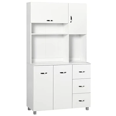 Image de HOMCOM Buffet de Cuisine Armoire Multi rangements 4 Portes 3 tiroirs étagère + Grand Plateau 100L x 39l 183H cm MDF Blanc