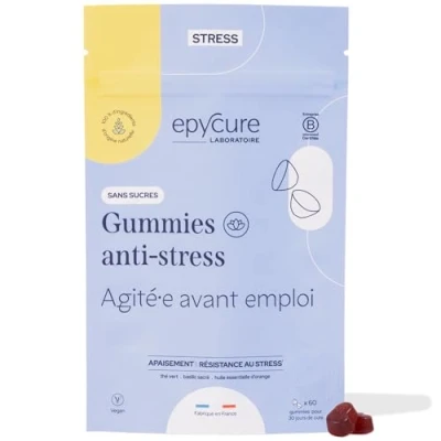 Image de EPYCURE Gummies Anti Stress Sans Sucres Détente Immédiate, Résistance au 100% Naturel Huile Essentielle d&#039;Orange Douce, Thé Vert, Basilic Sacré 1 Mois Vegan Fabriqué en France